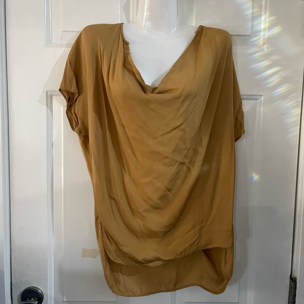 Vince Women Short Sleeve Cowl Neck Blouse Yellow Mustard Size XS Classy Chic